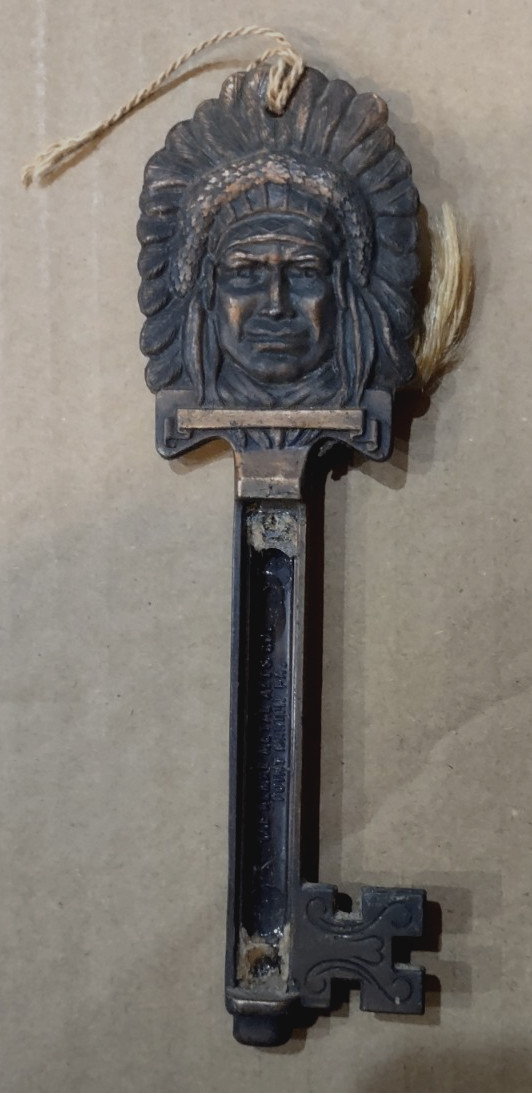 Vintage Copper Colored Metal Indian Chief Key, 6″ In Length, Made in the USA