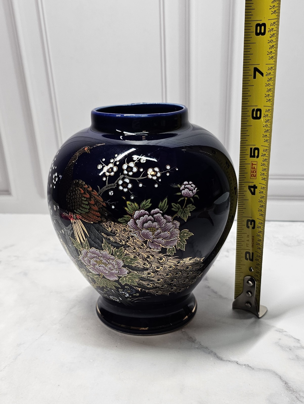 Vintage Japanese Cobalt Blue Vase With Peacock & Floral Design 6 Inches High