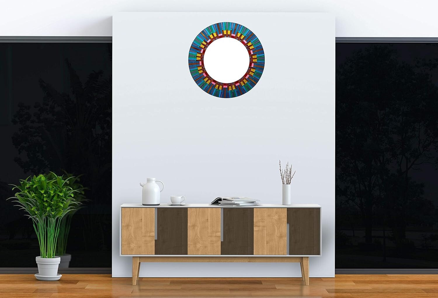 Zorigs – Handcrafted Blue Multicolored Mosaic Mirror, 24″ Round Wall Mirror