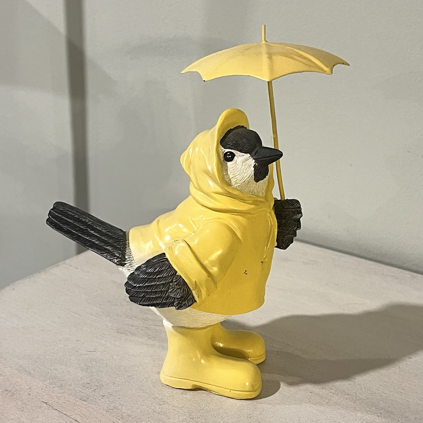 Cute Decor Bird Figurine In Raincoat And Umbrella Plastic Contemporary 7.75″