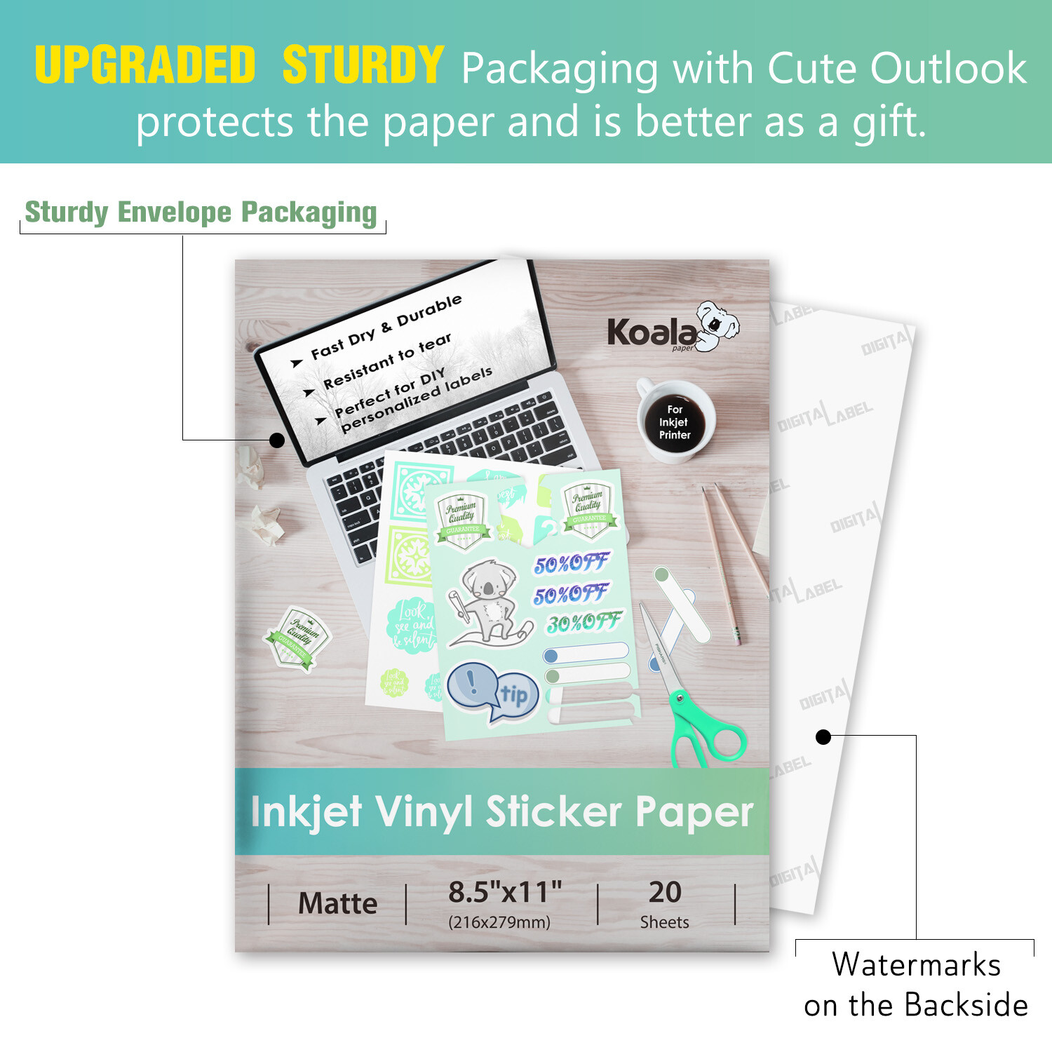 Koala Vinyl Sticker Paper Waterproof Matte White 50 Ct 8.5×11 for Inkjet Laser