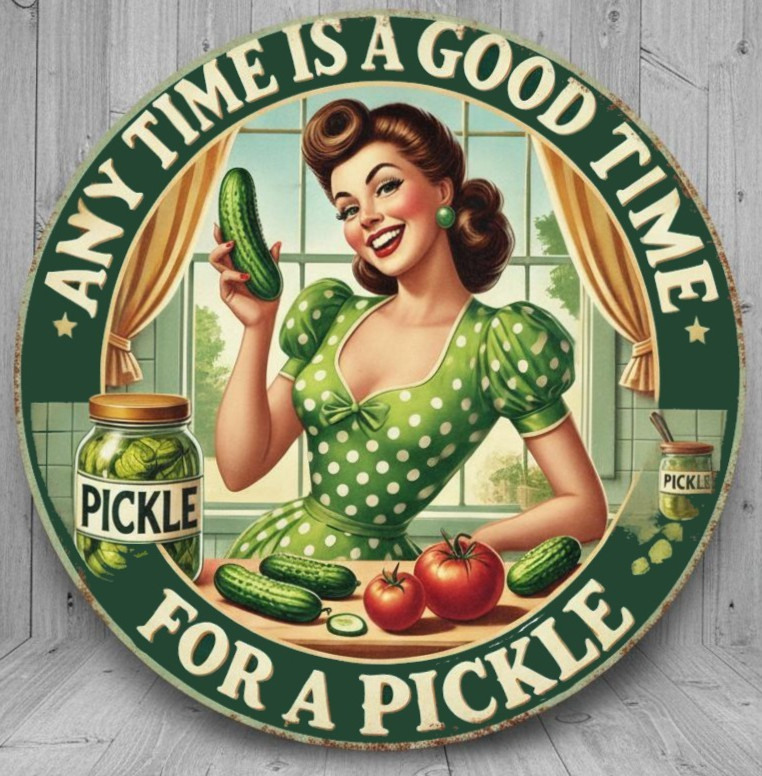 Any Time Is A Good Time For A Pickle 8″ Diameter Novelty Metal Sign Made In USA