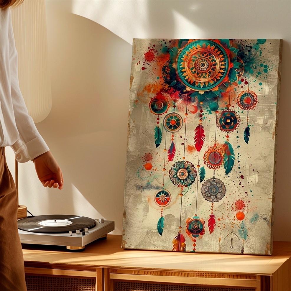 Wall Art Boho Dreamcatcher Feathers Mandala Abstract Colorful Canvas Print Decor