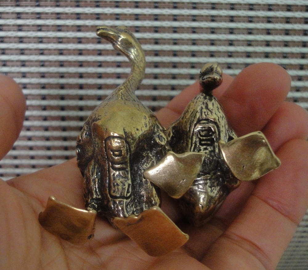 Pair of Vintage Style Solid Brass Copper Couple Gooses Animals Statues Sculpture