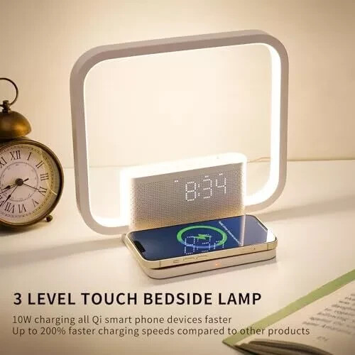 Dual Alarm Clock Bedside Table Lamp with Fast Wireless Charger Station for