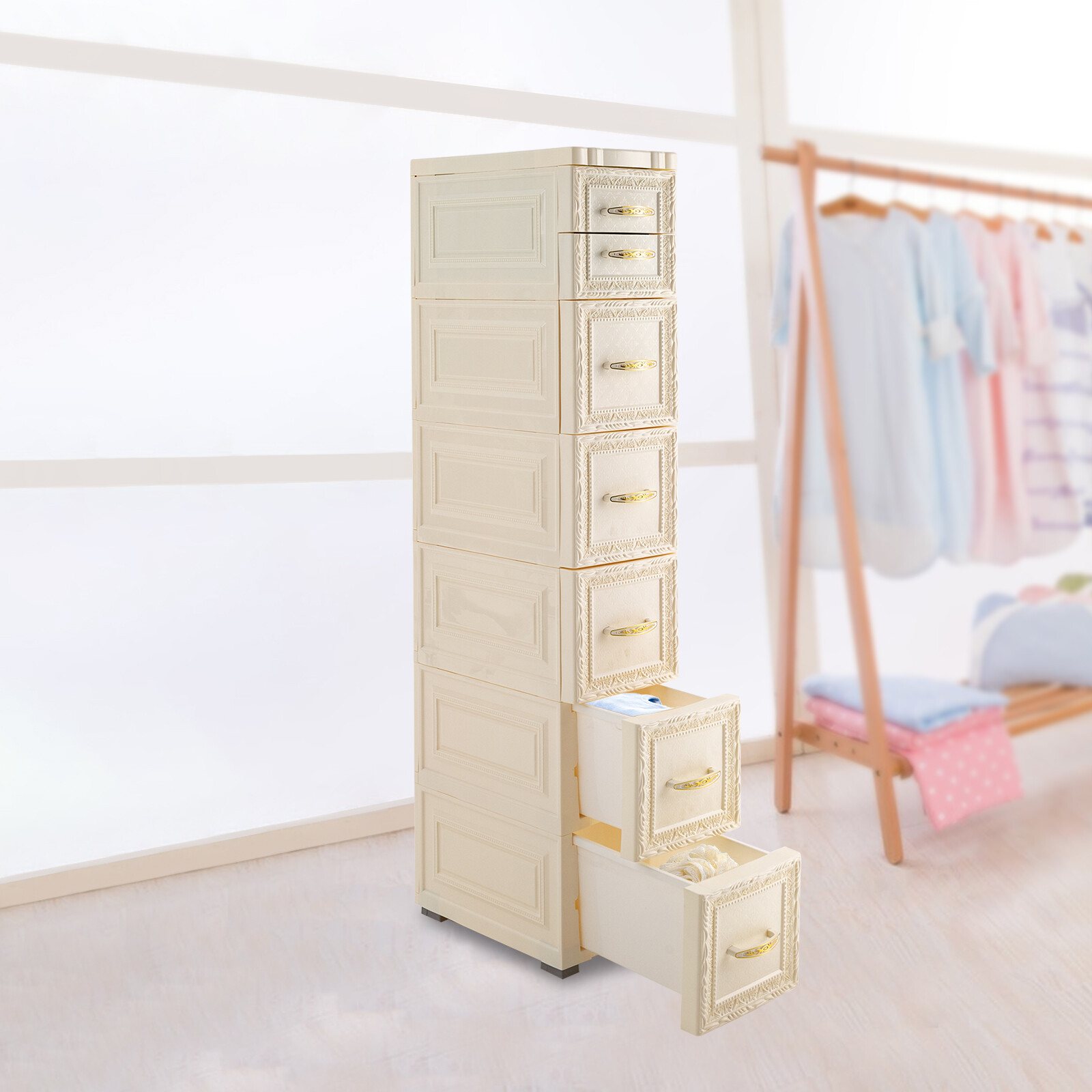 6Tier Bathroom Floor Cabinet, Vertical Storage Unit with Drawers and Casters