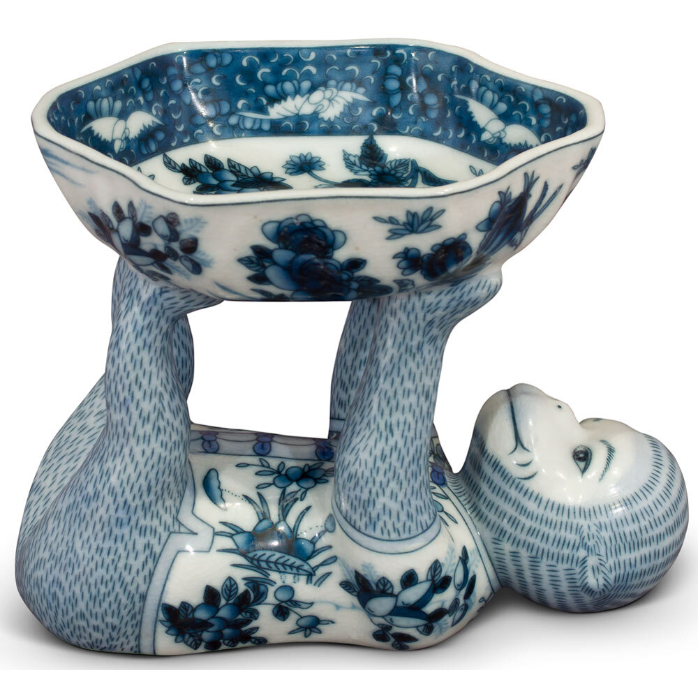 US Seller – Blue and White Chinese Porcelain Monkey Holding Lotus Dish