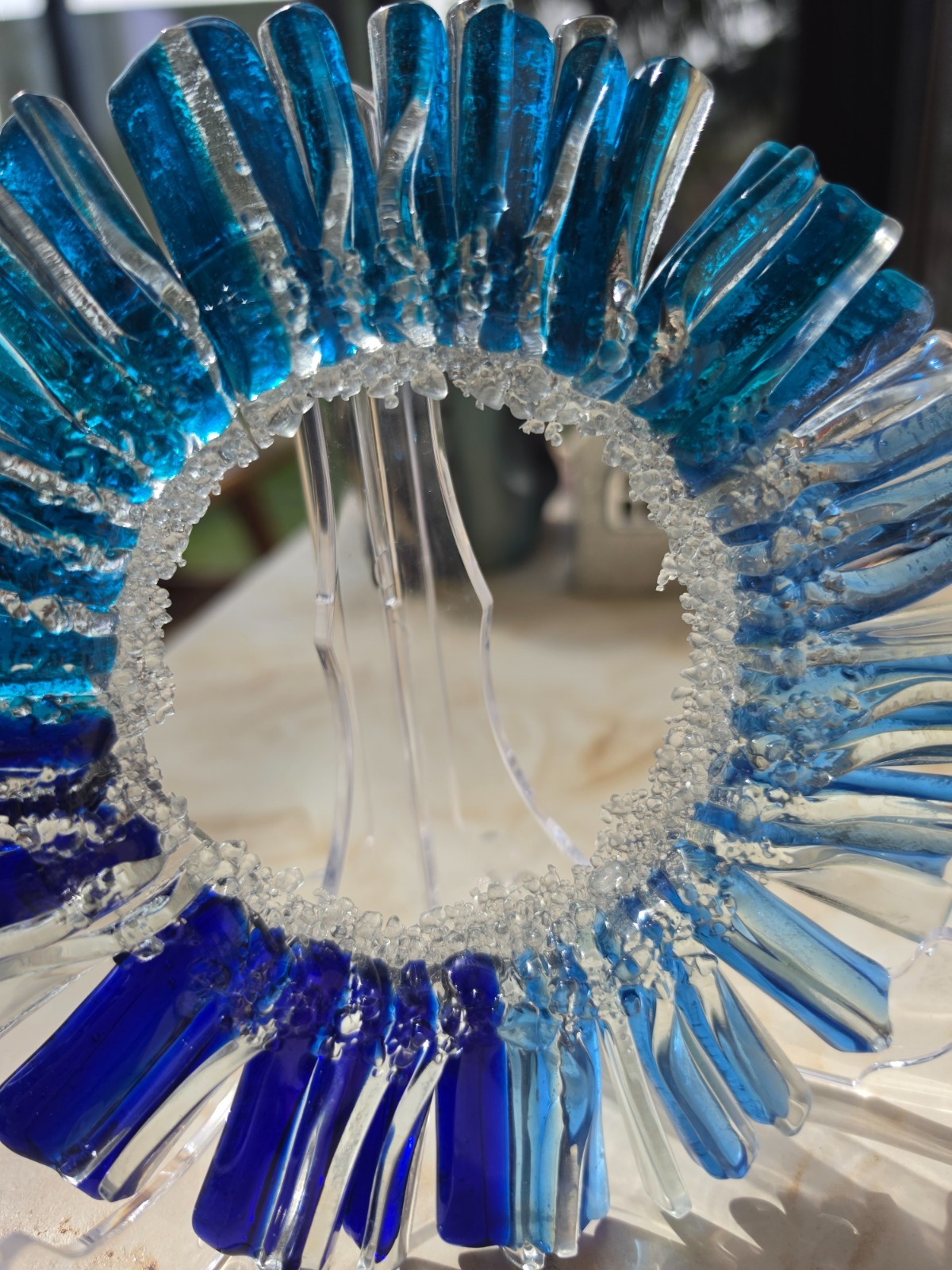 Blue Glass Sculpture 17cm Handmade, Coastal Ocean Decor, Modern Glass Art Ring,