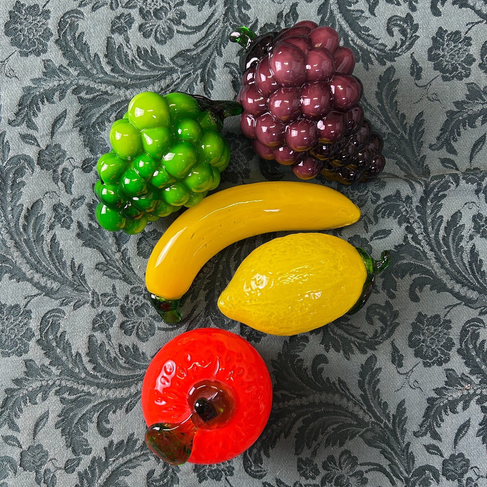 Hand Blown Art Glass Fruit Lot Banana Lemon Apple Grapes Murano Style 5 Pieces