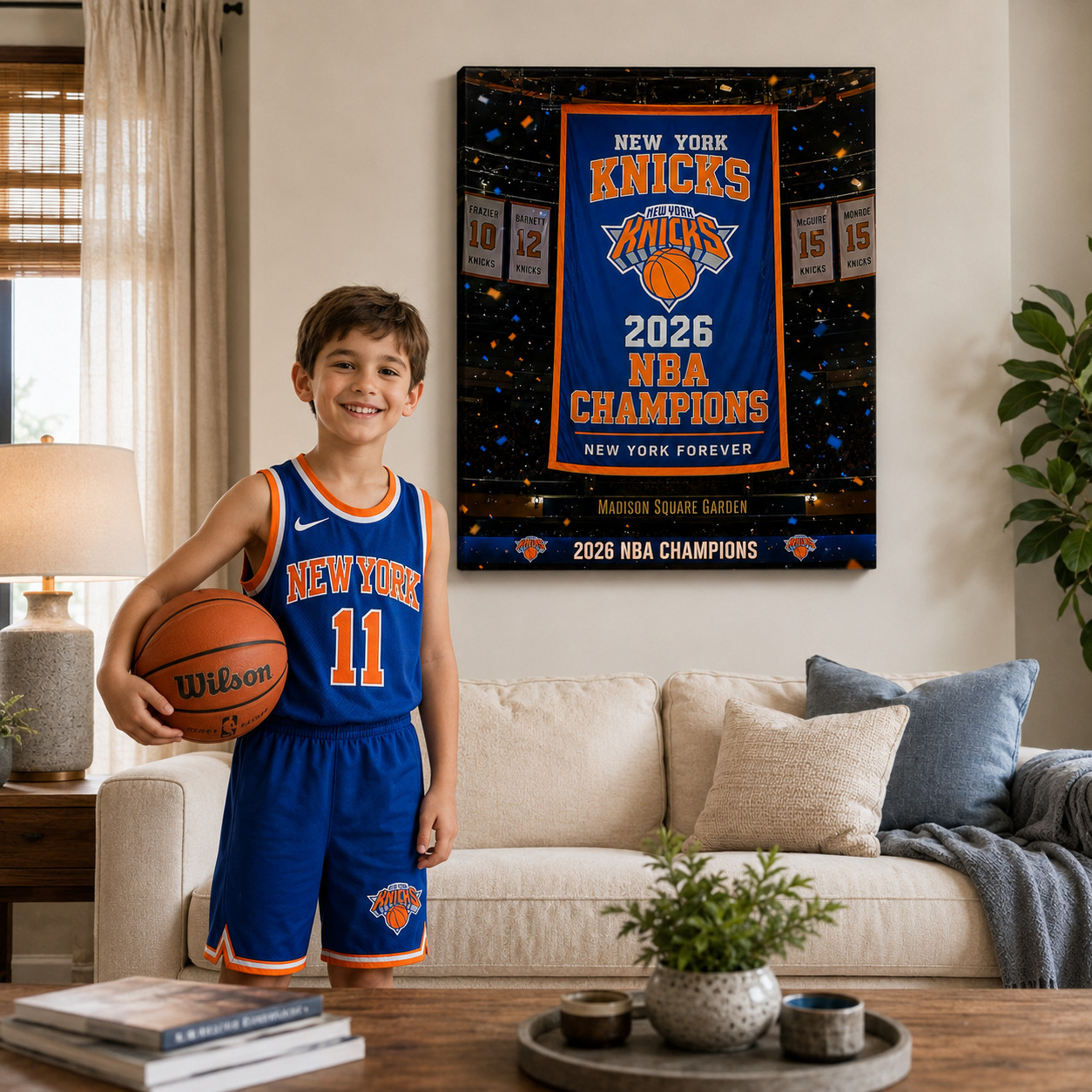 2026 New York Basketball Champions Inspired Canvas Wall Art Blue Orange Fan Deco