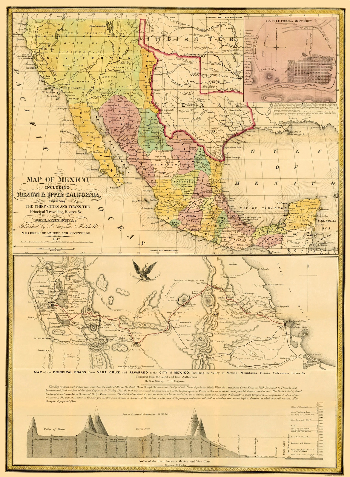 Historic Map – Mexico Yucatan Upper California – Mitchell 1847 – Vintage Wall
