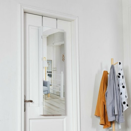 Wall and Door Mounted Mirrored Jewelry Cabinet with Lights-White – Color: White