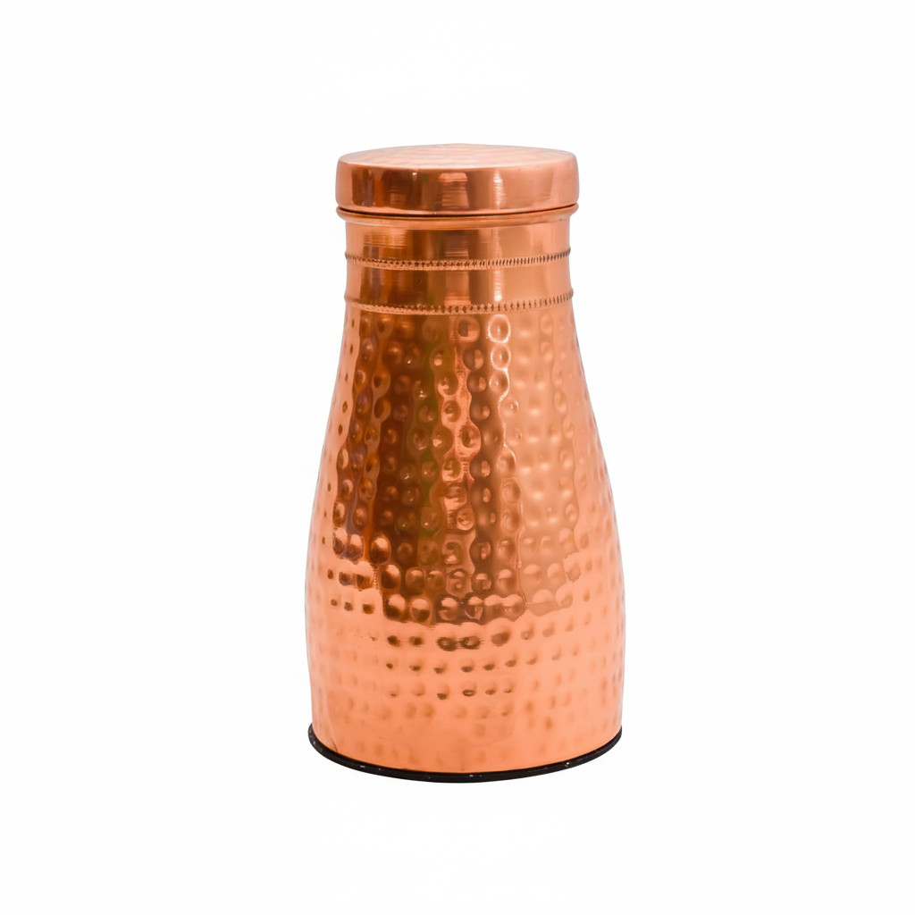 Pure Copper Water Bottle 1 Liter with Inbuilt Glass | Hammered Finish Drinkware