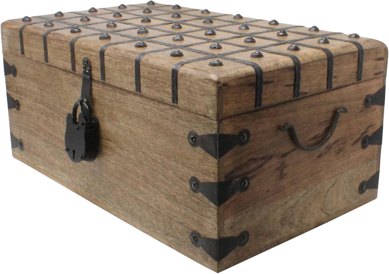 Nautical Cove Treasure Chest Wooden Box with Antique Iron Lock and Skeleton Key