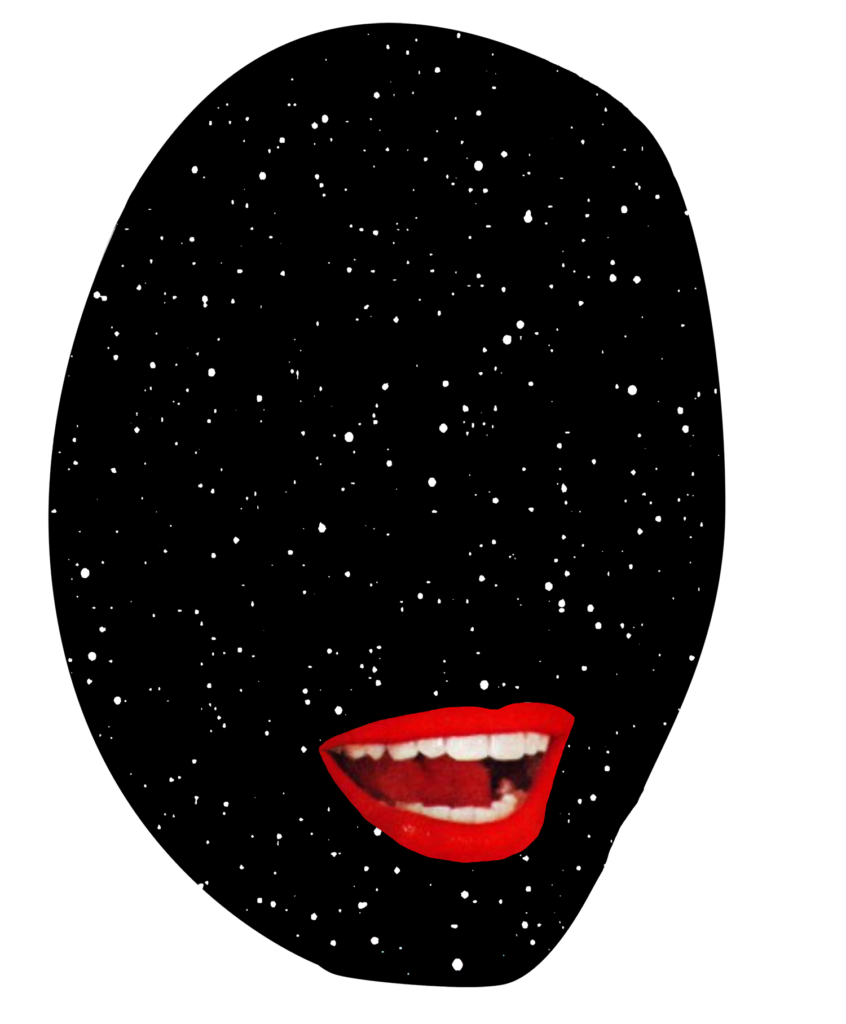 Illustration av ansikte med stjärnhimmel och röda läppar framtagen till AmandaAI av Haus